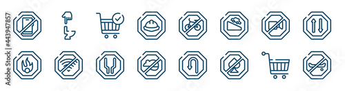 signal and prohibitions icons set such as flush, hard, no video, oxidant, wide, hand truck outline vector signs. symbol, logo illustration. linear style icons set. pixel perfect vector graphics.