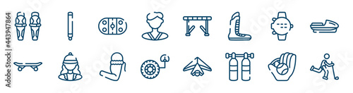 hockey icons set such as glowstick, karateka, dive computer, longboard, armband, baseball ball outline vector signs. symbol, logo illustration. linear style icons set. pixel perfect vector graphics.