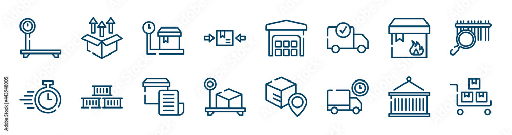 lineal logistic icons set such as unpacking, use clamps, flammable package, delivery timer, delivery invoice, lift package outline vector signs. symbol, logo illustration. linear style icons set.
