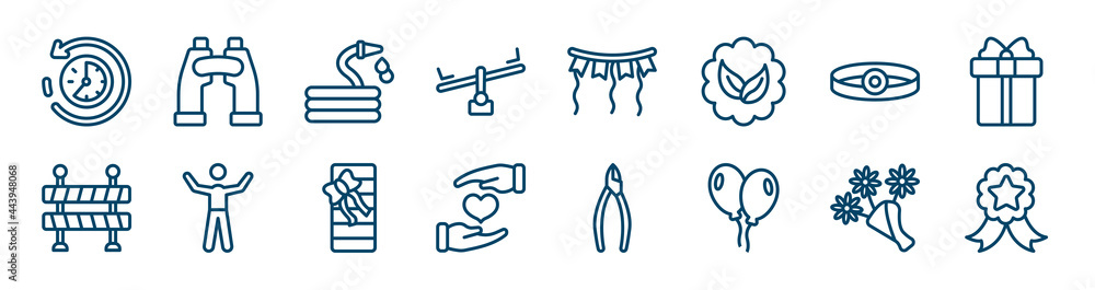 general icons set such as binocular, balancer, head mirror, traffic barriers, birthday present, daisy bouquet outline vector signs. symbol, logo illustration. linear style icons set. pixel perfect general icons set such as binocular, balancer, head mirror, traffic barriers, birthday present, daisy bouquet outline vector signs. symbol, logo illustration. linear style icons set. pixel perfect
