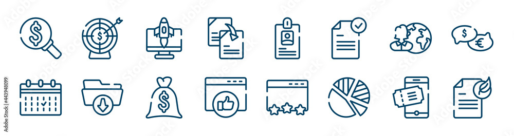marketing and seo icons set such as target with an arrow, duplicate content, global user, calendar event, big dollar bag, eticket outline vector signs. symbol, logo illustration. linear style icons marketing and seo icons set such as target with an arrow, duplicate content, global user, calendar event, big dollar bag, eticket outline vector signs. symbol, logo illustration. linear style icons