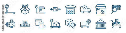 lineal logistic icons set such as unpacking, use clamps, flammable package, delivery timer, delivery invoice, lift package outline vector signs. symbol, logo illustration. linear style icons set.