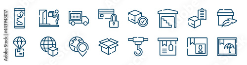 logistic delivery instructions icons set such as on door delivery, card blocked, delivery clipboard, parachute box, worldwide pin, fragile pack outline vector signs. symbol, logo illustration.