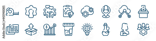 general icons set such as open source, marketing plan, internet of things, news feed, stock prices, shoulder immobilizer outline vector signs. symbol, logo illustration. linear style icons set.