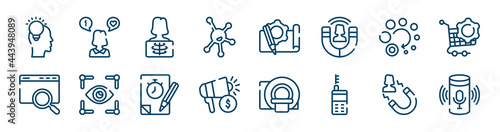 general icons set such as social media specialist, organism, loading, sem, quiz, user attraction outline vector signs. symbol, logo illustration. linear style icons set. pixel perfect vector