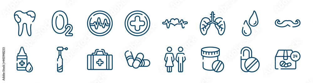 medicine and health icons set such as oxygen, hospital medical, sweat or tear drop, drop of liquid, first aid kit bag, capsule outline vector signs. symbol, logo illustration. linear style icons medicine and health icons set such as oxygen, hospital medical, sweat or tear drop, drop of liquid, first aid kit bag, capsule outline vector signs. symbol, logo illustration. linear style icons