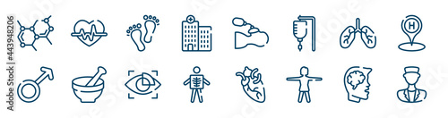 health set icons set such as heart with electrocardiogram, hospital, lungs organ, female, eye scanner medical, head with brain outline vector signs. symbol, logo illustration. linear style icons