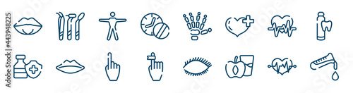 medicine and health icons set such as dentist tools set, medicines time, heart frequency, immunity drugs, hand gesture raising the index finger, lifeline in a heart outline vector signs. symbol,