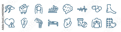 body parts icons set such as pharmaceutical delivery, bar graph with a cross, medicine capsule, disease, kneecap, human with focus on the lungs outline vector signs. symbol, logo illustration.
