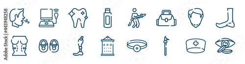 opthalmology icons set such as ultrasonography, body oil, chin, plastic surgery, prothesis, doctor cap outline vector signs. symbol, logo illustration. linear style icons set. pixel perfect vector