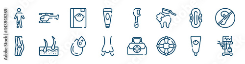 medical icons set such as chopper, facial foam, sanitary napkin, orthopedics, type 0, baby cream outline vector signs. symbol, logo illustration. linear style icons set. pixel perfect vector