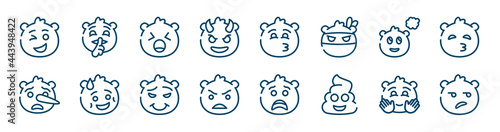 emoji icons set such as quiet emoji, smiling with horns emoji, imagine liar proud happy outline vector signs. symbol, logo illustration. linear style icons set. pixel perfect vector graphics.
