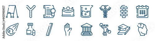 knowledge icons set such as chromosome, concave, hopscotch, meteor, slash, thesis outline vector signs. symbol, logo illustration. linear style icons set. pixel perfect vector graphics.