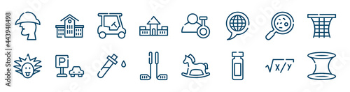 school & science icons set such as kindergarten, fort, microorganism, einstein, blood test, equation outline vector signs. symbol, logo illustration. linear style icons set. pixel perfect vector