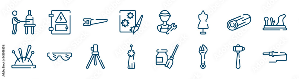 construction and tools icons set such as electrical panel, decoupage, woods, needle holder, geodetic, sledgehammer outline vector signs. symbol, logo illustration. linear style icons set. pixel construction and tools icons set such as electrical panel, decoupage, woods, needle holder, geodetic, sledgehammer outline vector signs. symbol, logo illustration. linear style icons set. pixel