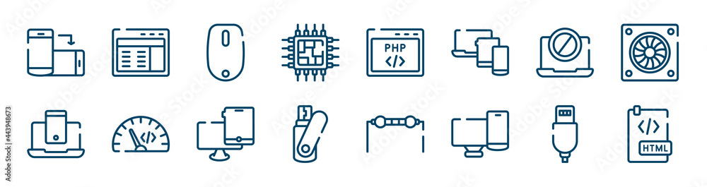 programming line craft icons set such as web interface, cpu processor, no computer, smartphone and laptop, monitor and tablet, new charger outline vector signs. symbol, logo illustration. linear