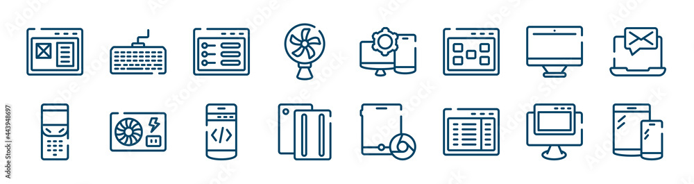responsive web icons set such as macintosh keyboard, cooling fan, monitors, folding phone, mobile programming, pc with browser outline vector signs. symbol, logo illustration. linear style icons responsive web icons set such as macintosh keyboard, cooling fan, monitors, folding phone, mobile programming, pc with browser outline vector signs. symbol, logo illustration. linear style icons