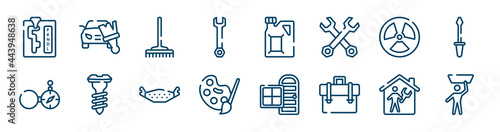 do it yourself icons set such as car painting, repair wrench, radiation, open compass, brake pad, repairman inside a home outline vector signs. symbol, logo illustration. linear style icons set.