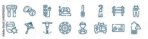 electrician tools icons set such as oil gauge, vice, barricade, weld, puncture, business cards outline vector signs. symbol, logo illustration. linear style icons set. pixel perfect vector graphics.