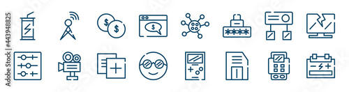 technology icons set such as cellular, web payment, hub, tuning, duplicate, bank terminal outline vector signs. symbol, logo illustration. linear style icons set. pixel perfect vector graphics.