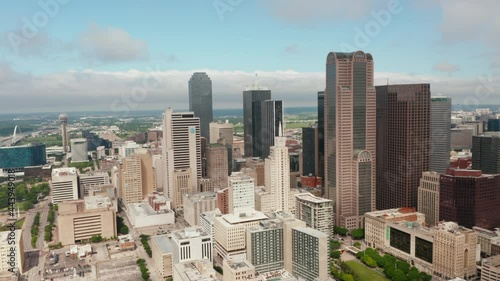 Aerial view of tall modern office downtown buildings. Orbiting around group of skyscrapers. Dallas, Texas, US. photo