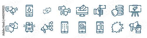 marketing & growth icons set such as install, debate, database security, love message, promote, shout outline vector signs. symbol, logo illustration. linear style icons set. pixel perfect vector