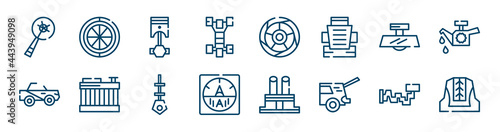 car parts icons set such as car spare wheel, car chassis, rear-view mirror, soft top, dipstick, crankshaft outline vector signs. symbol, logo illustration. linear style icons set. pixel perfect