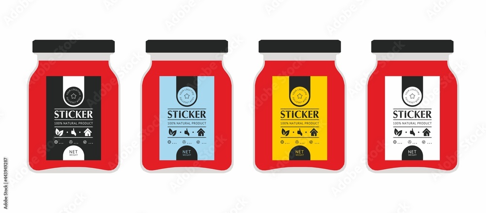 Set of bright vector cans with stylish stickers. Glass jar label template. Product packaging. Set of bright vector cans with stylish stickers. Glass jar label template. Product packaging.