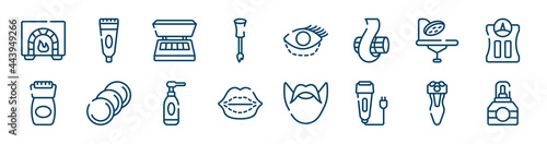 hairdressing and esthetics icons set such as tooth paste, nail brush, operating table, epilator, cleansing, electric shaver outline vector signs. symbol, logo illustration. linear style icons set.
