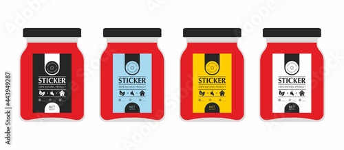 Set of bright vector cans with stylish stickers. Glass jar label template. Product packaging.