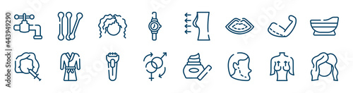 beauty and spa icons set such as cotton buds, wrist watch, brachioplasty, mesotherapy, shaver, mastopexy outline vector signs. symbol, logo illustration. linear style icons set. pixel perfect vector
