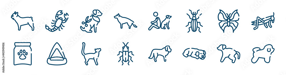dog breeds fullbody icons set such as scorpio, german sheperd, leaf butterfly, treat, bengal cat, scold the dog outline vector signs. symbol, logo illustration. linear style icons set. pixel perfect