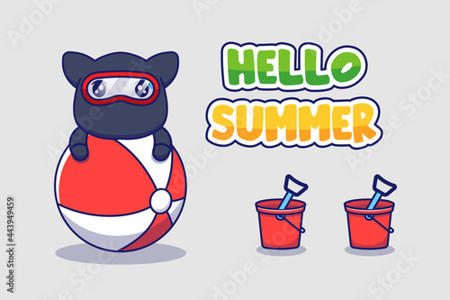 Cute ninja cat with hello summer greeting banner