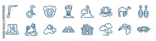 winter nature icons set such as snake, african, camel, waterfall, avalanche, hornbill outline vector signs. symbol, logo illustration. linear style icons set. pixel perfect vector graphics.