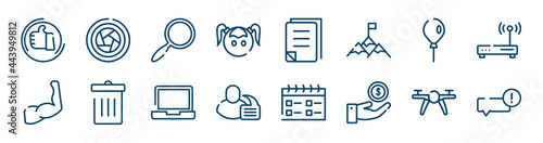 icons set such as objective, kid, balloon, arm, laptop, drone outline vector signs. symbol, logo illustration. linear style icons set. pixel perfect vector graphics.