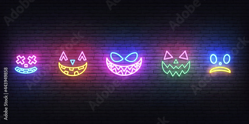 Halloween neon face icons. Set of bright face expreshions for Halloween celebration