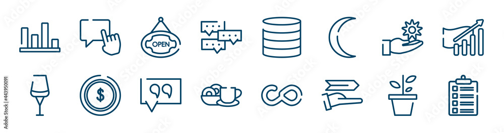 icons set such as request, conversation, buy, glass, quote, plant outline vector signs. symbol, logo illustration. linear style icons set. pixel perfect vector graphics. icons set such as request, conversation, buy, glass, quote, plant outline vector signs. symbol, logo illustration. linear style icons set. pixel perfect vector graphics.