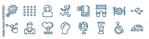 icons set such as dots, fun, healthy food, choice, upload, wheelchair outline vector signs. symbol, logo illustration. linear style icons set. pixel perfect vector graphics.