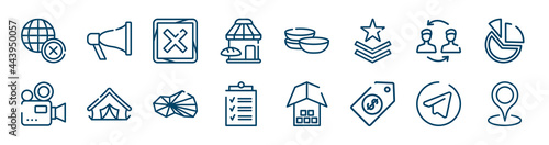 icons set such as campaign, bakery, relationship, video, stone, telegram outline vector signs. symbol, logo illustration. linear style icons set. pixel perfect vector graphics.