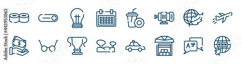 icons set such as button, schedule, eco, give, win, language outline vector signs. symbol, logo illustration. linear style icons set. pixel perfect vector graphics.