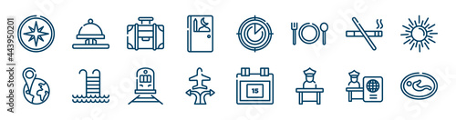 airport icons set such as hotel bell ringing, prayer room, smoking prohibition, global position, streetcar, passport control outline vector signs. symbol, logo illustration. linear style icons set.