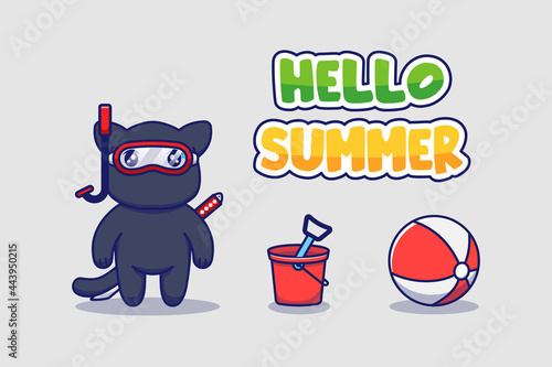 Cute ninja cat with hello summer greeting banner