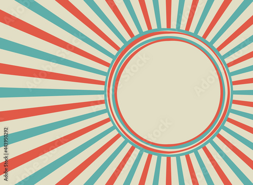 Sunlight retro background with vintage round frame for text. blue and beige color burst background.