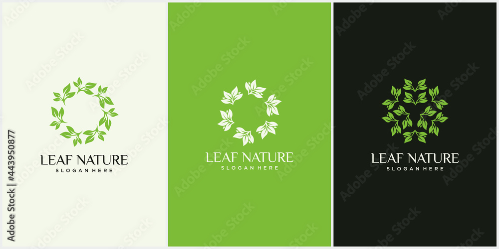 Green leaf round logo vector set, nature logo logo design template abstract green leaf symbol for holistic medicine center, yoga class, natural and organic food packaging - circle made with beautiful 