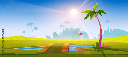 Golf course with green grass, pond with bridge and palm trees. Vector cartoon tropical landscape of sport field with hole for golf ball, pole with red flag and lake