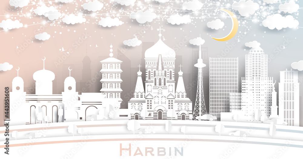 Harbin China City Skyline in Paper Cut Style with White Buildings, Moon and Neon Garland.