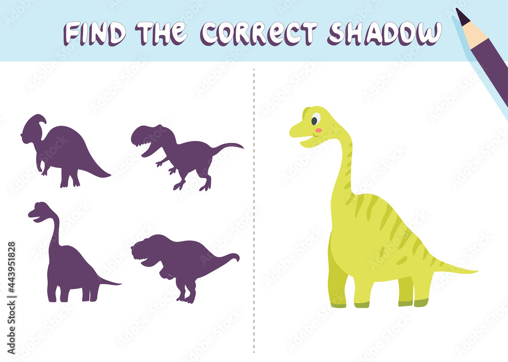 Find the correct shadow. Cute dinosaur. Educational game for kids. Collection of children's games. Vector illustration in cartoon style