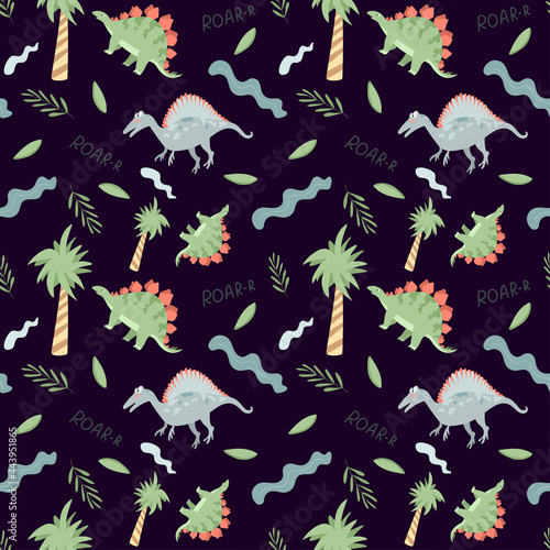 Seamless pattern with cute dinosaurs and trees on a dark background. Vector endless texture with cartoon style for childish design