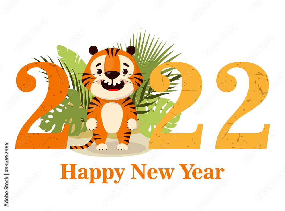 Happy new year 2022, Chinese New Year, cute cartoon tiger, vector illustration