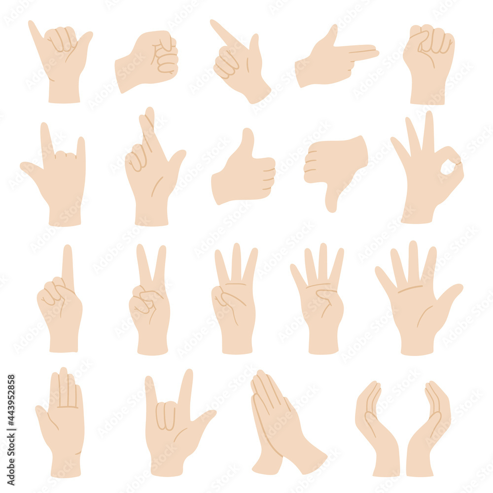 Vector flat style set of various hands gestures. Different signs and emotions. Isolated on white background. Vector flat style set of various hands gestures. Different signs and emotions. Isolated on white background.